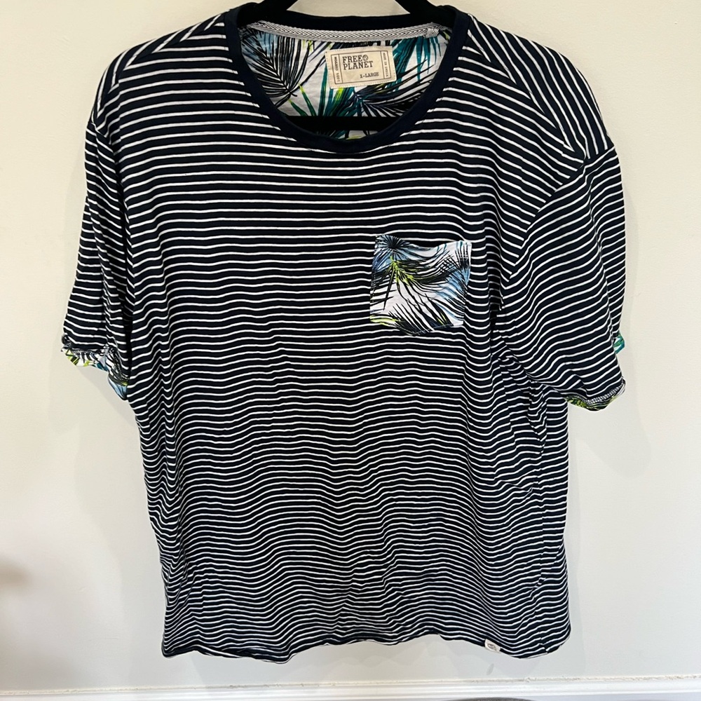 Free Planet Navy and White Striped Tee with Leaf Pocket